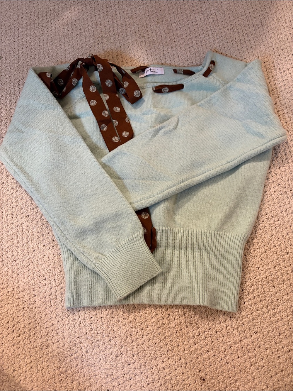 Off-the-Shoulder Mint Sweater with Ribbon Detail